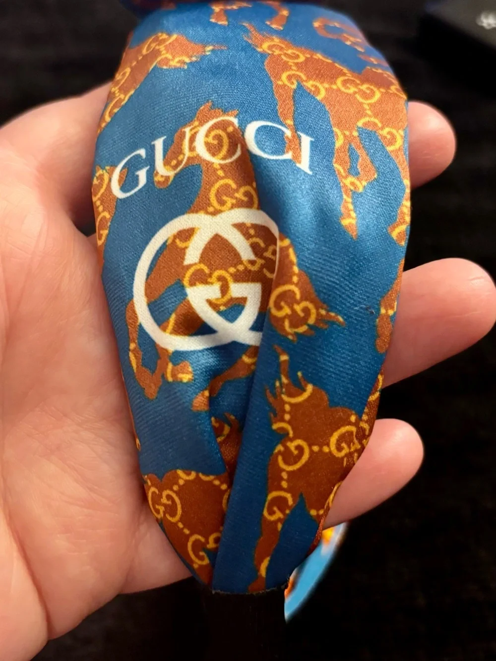 Silk-Feel Blue & Brown Logo Bow Headband